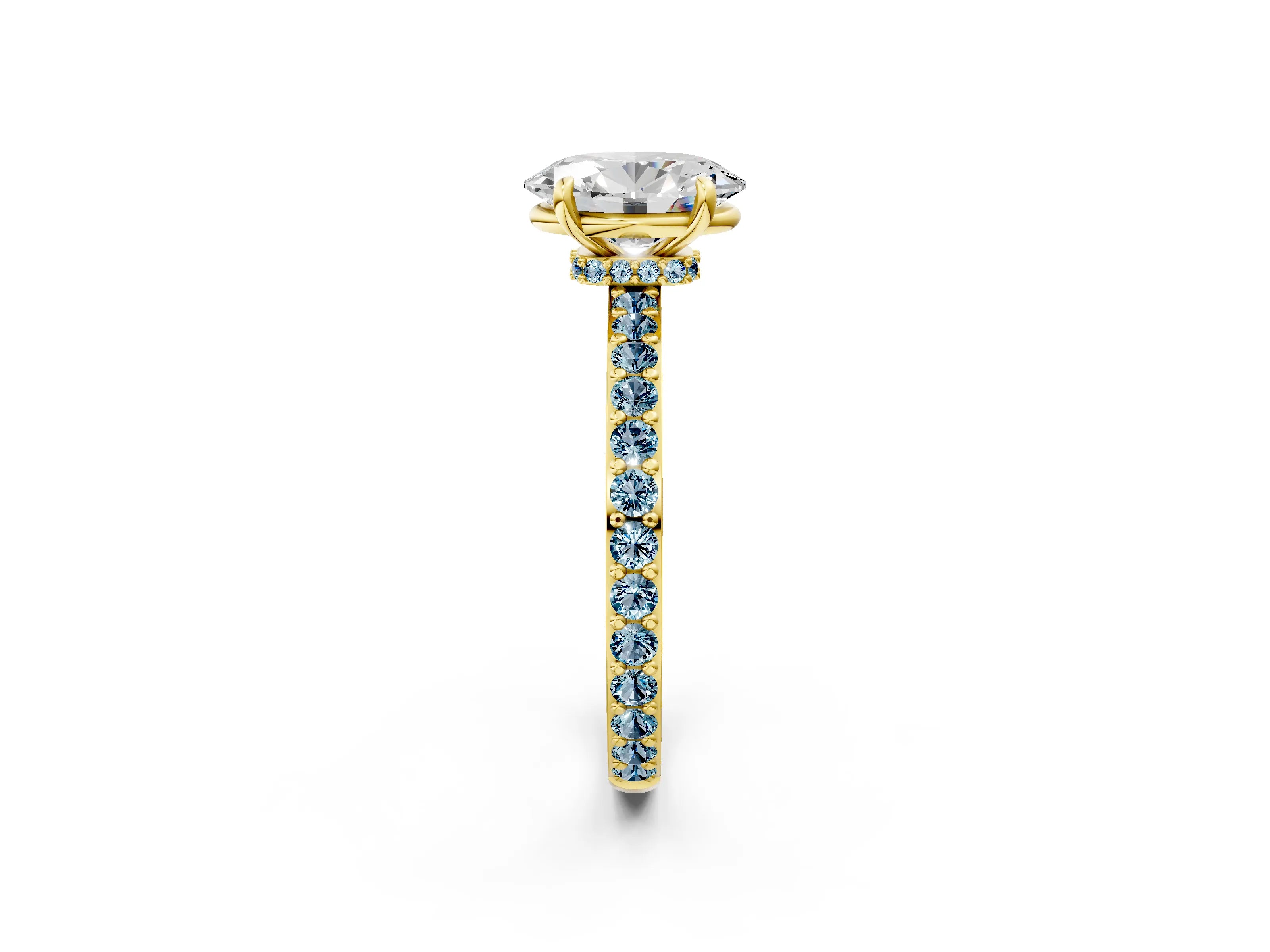 Yellow gold Oval Cut Diamond Pavé Engagement Ring with Round with Aquamarine side stone Accents and Prong Setting_2