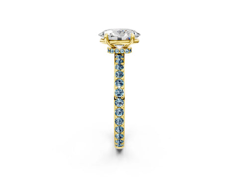 Yellow gold Oval Cut Diamond Pavé Engagement Ring with Round with Aquamarine side stone Accents and Prong Setting_2