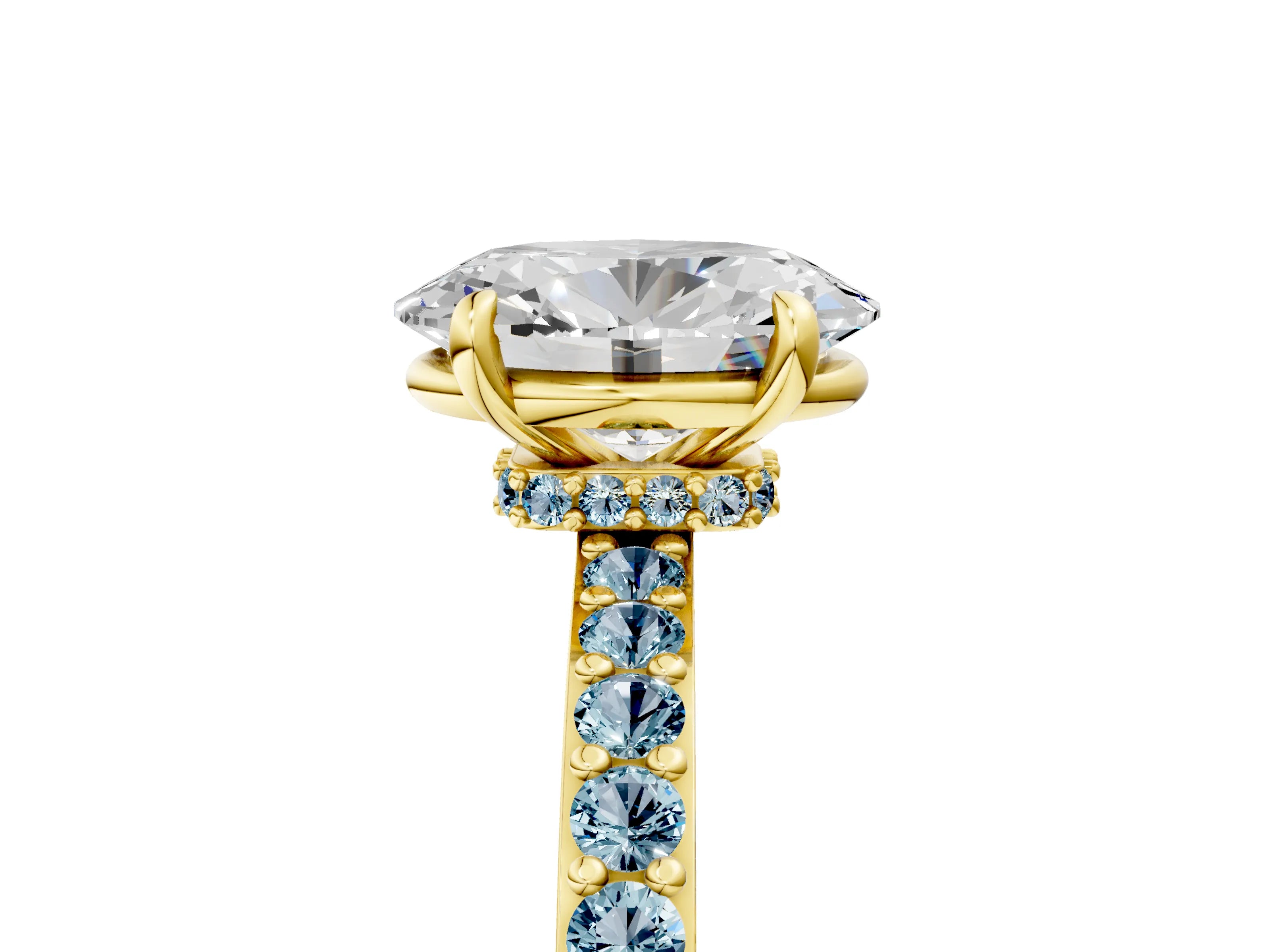Yellow gold Oval Cut Diamond Pavé Engagement Ring with Round with Aquamarine side stone Accents and Prong Setting_5