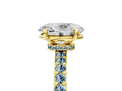 Yellow gold Oval Cut Diamond Pavé Engagement Ring with Round with Aquamarine side stone Accents and Prong Setting_5