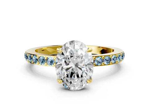 Yellow gold Oval Cut Diamond Pavé Engagement Ring with Round with Aquamarine side stone Accents and Prong Setting
