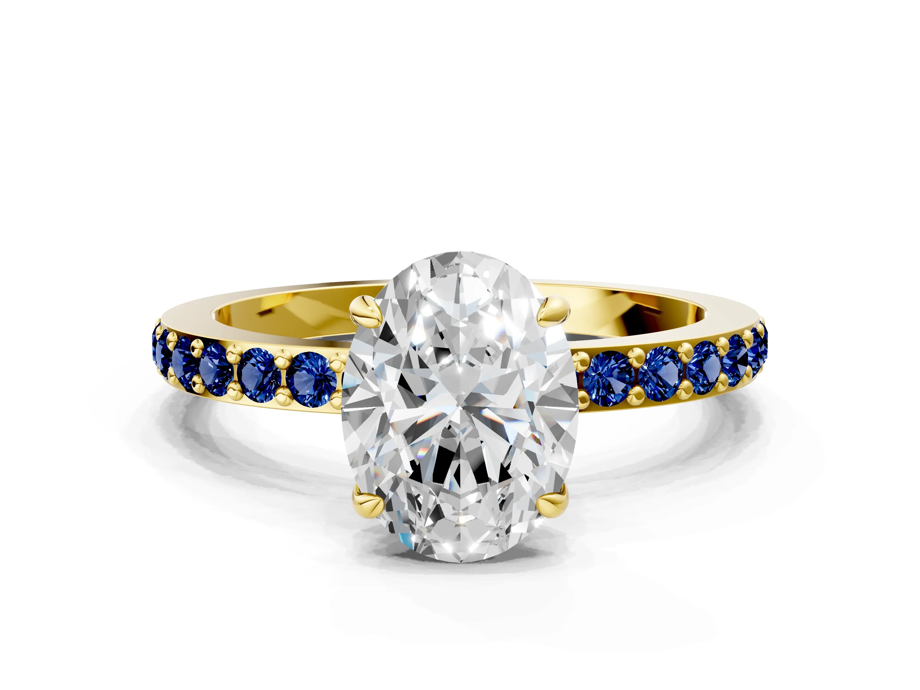 Yellow gold Oval Cut Diamond Pavé Engagement Ring with Round with Blue Sapphire side stone Accents and Prong Setting