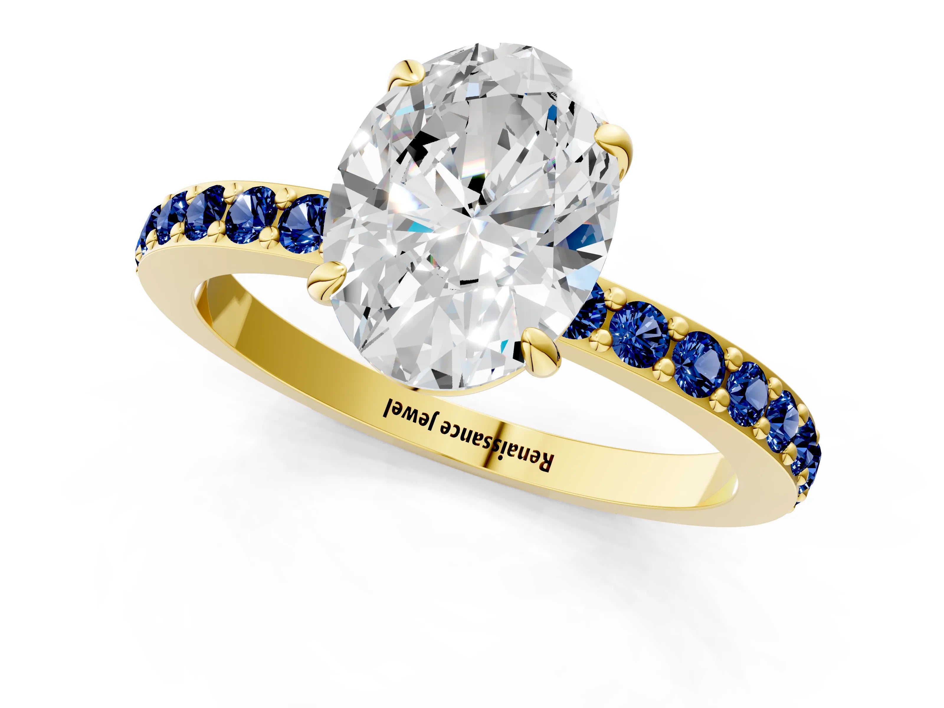 Yellow gold Oval Cut Diamond Pavé Engagement Ring with Round with Blue Sapphire side stone Accents and Prong Setting_1