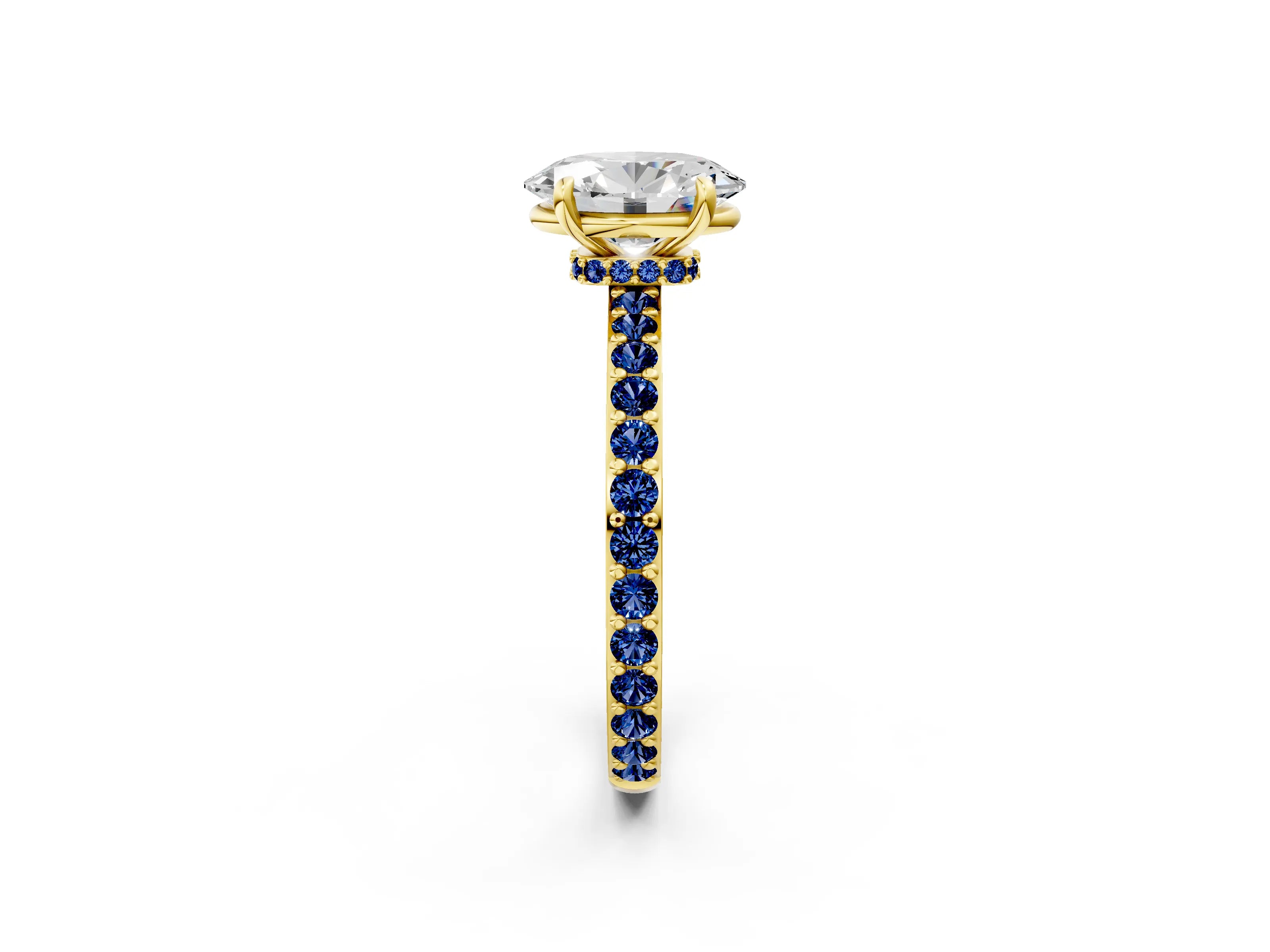 Yellow gold Oval Cut Diamond Pavé Engagement Ring with Round with Blue Sapphire side stone Accents and Prong Setting_2