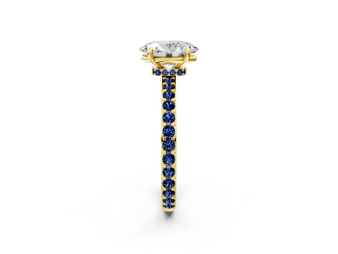 Yellow gold Oval Cut Diamond Pavé Engagement Ring with Round with Blue Sapphire side stone Accents and Prong Setting_2