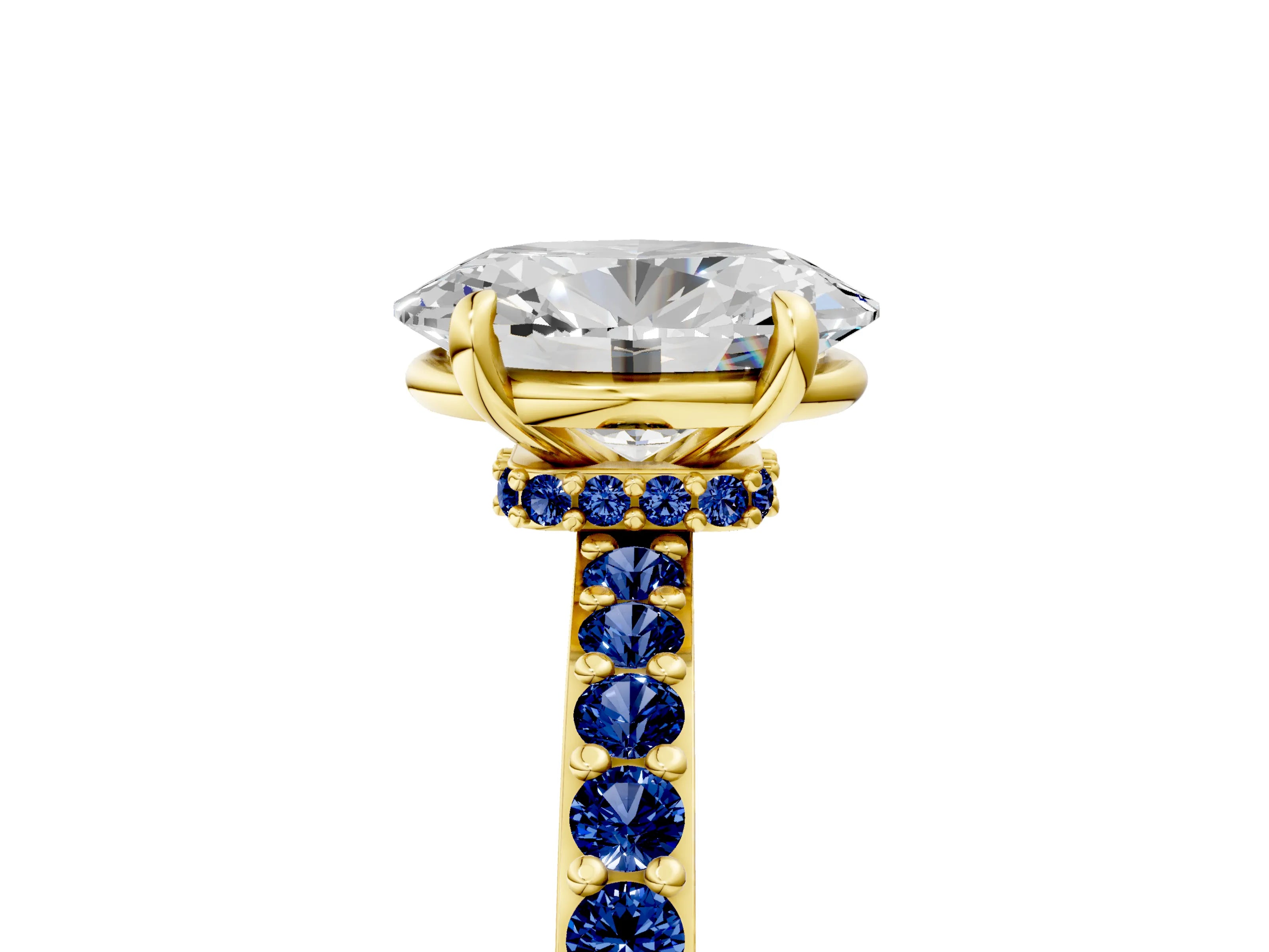 Yellow gold Oval Cut Diamond Pavé Engagement Ring with Round with Blue Sapphire side stone Accents and Prong Setting_5