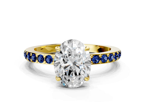 Yellow gold Oval Cut Diamond Pavé Engagement Ring with Round with Blue Sapphire side stone Accents and Prong Setting
