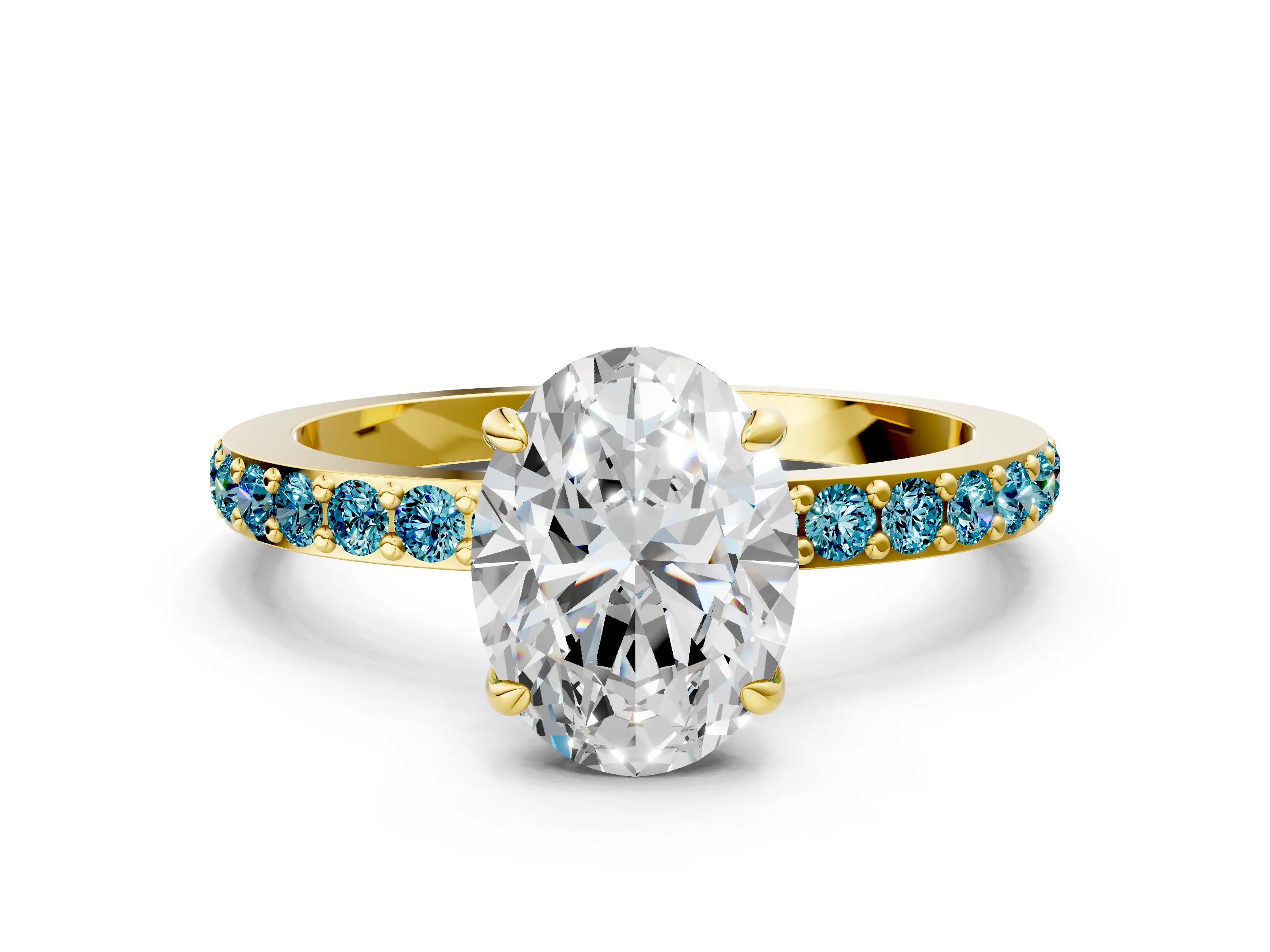 Yellow gold Oval Cut Diamond Pavé Engagement Ring with Round with Blue Topaz side stone Accents and Prong Setting