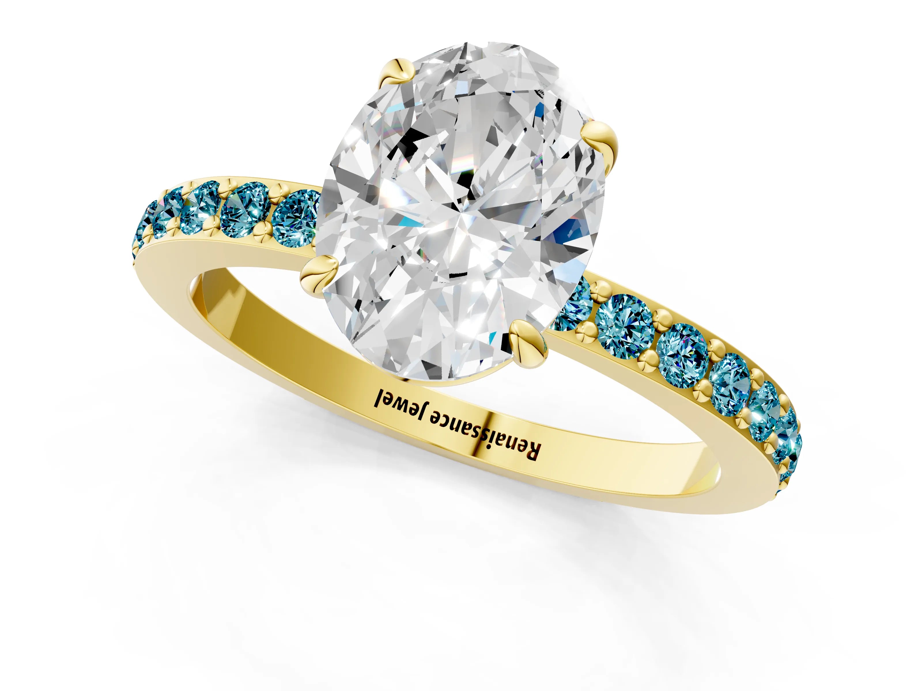 Yellow gold Oval Cut Diamond Pavé Engagement Ring with Round with Blue Topaz side stone Accents and Prong Setting_1