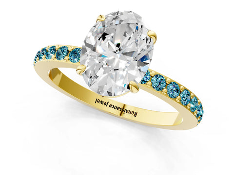 Yellow gold Oval Cut Diamond Pavé Engagement Ring with Round with Blue Topaz side stone Accents and Prong Setting_1