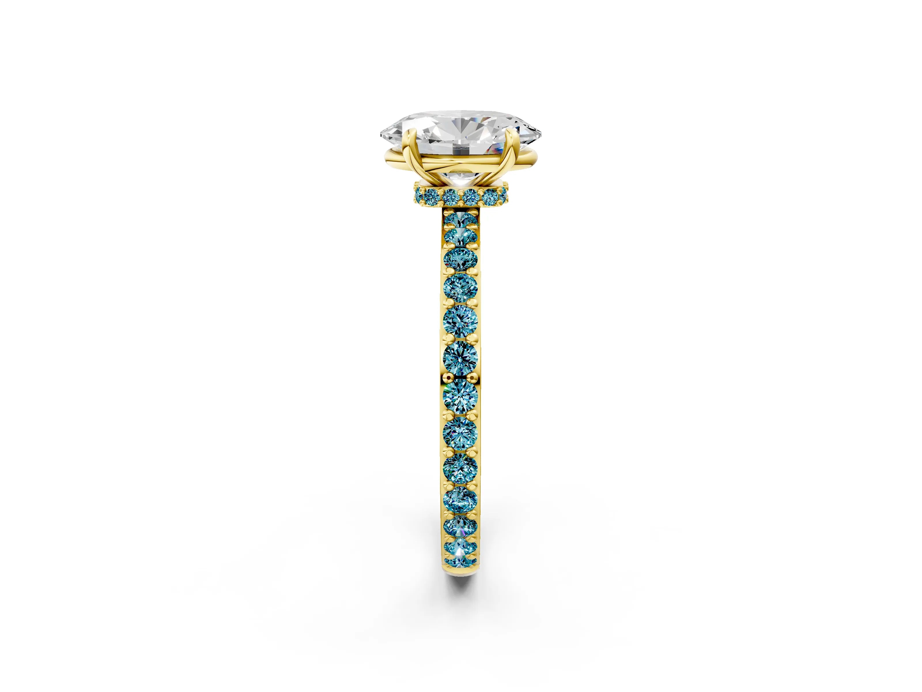 Yellow gold Oval Cut Diamond Pavé Engagement Ring with Round with Blue Topaz side stone Accents and Prong Setting_2