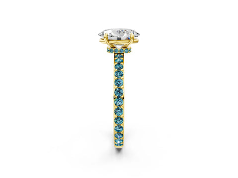 Yellow gold Oval Cut Diamond Pavé Engagement Ring with Round with Blue Topaz side stone Accents and Prong Setting_2