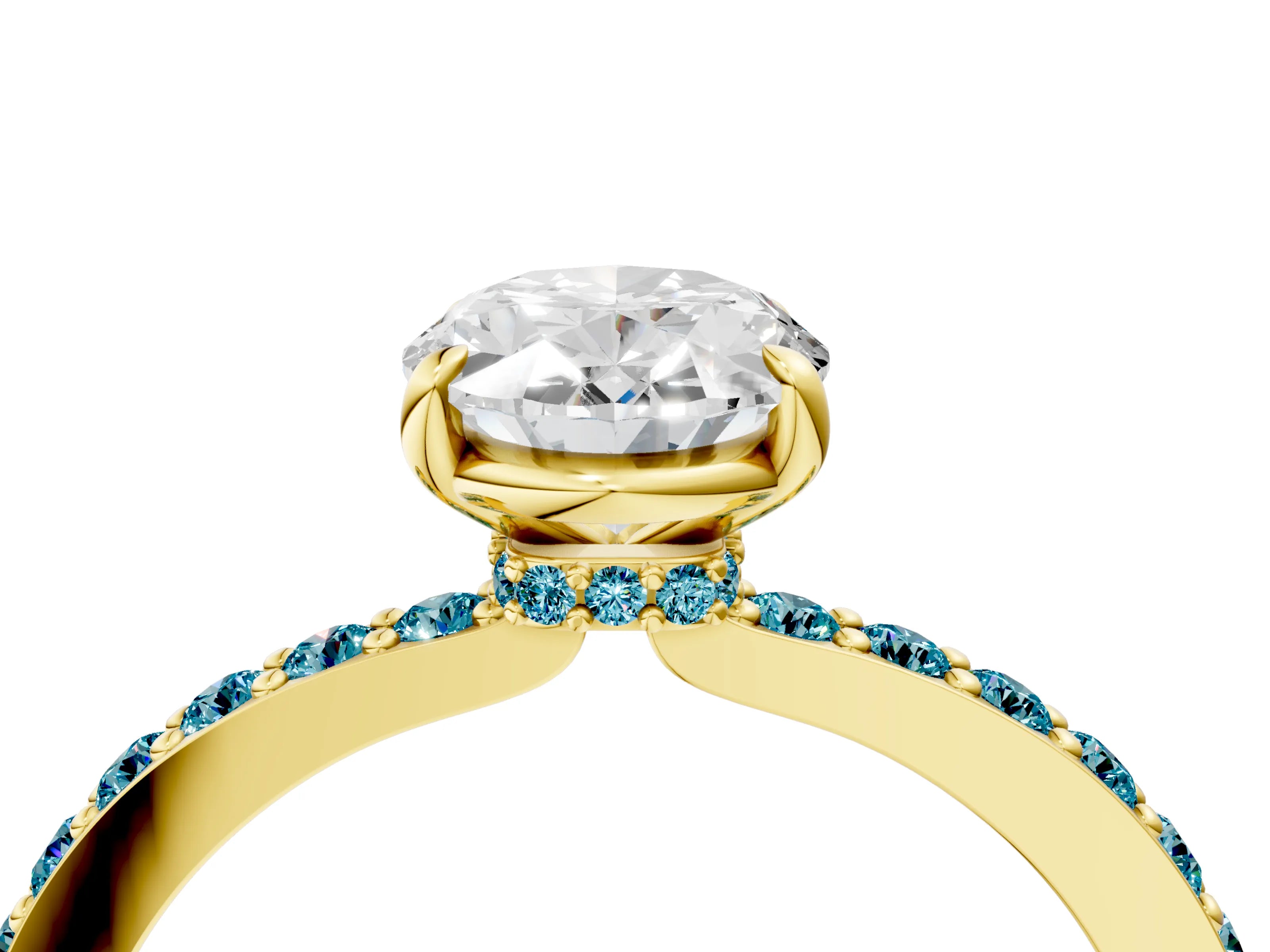 Yellow gold Oval Cut Diamond Pavé Engagement Ring with Round with Blue Topaz side stone Accents and Prong Setting_4