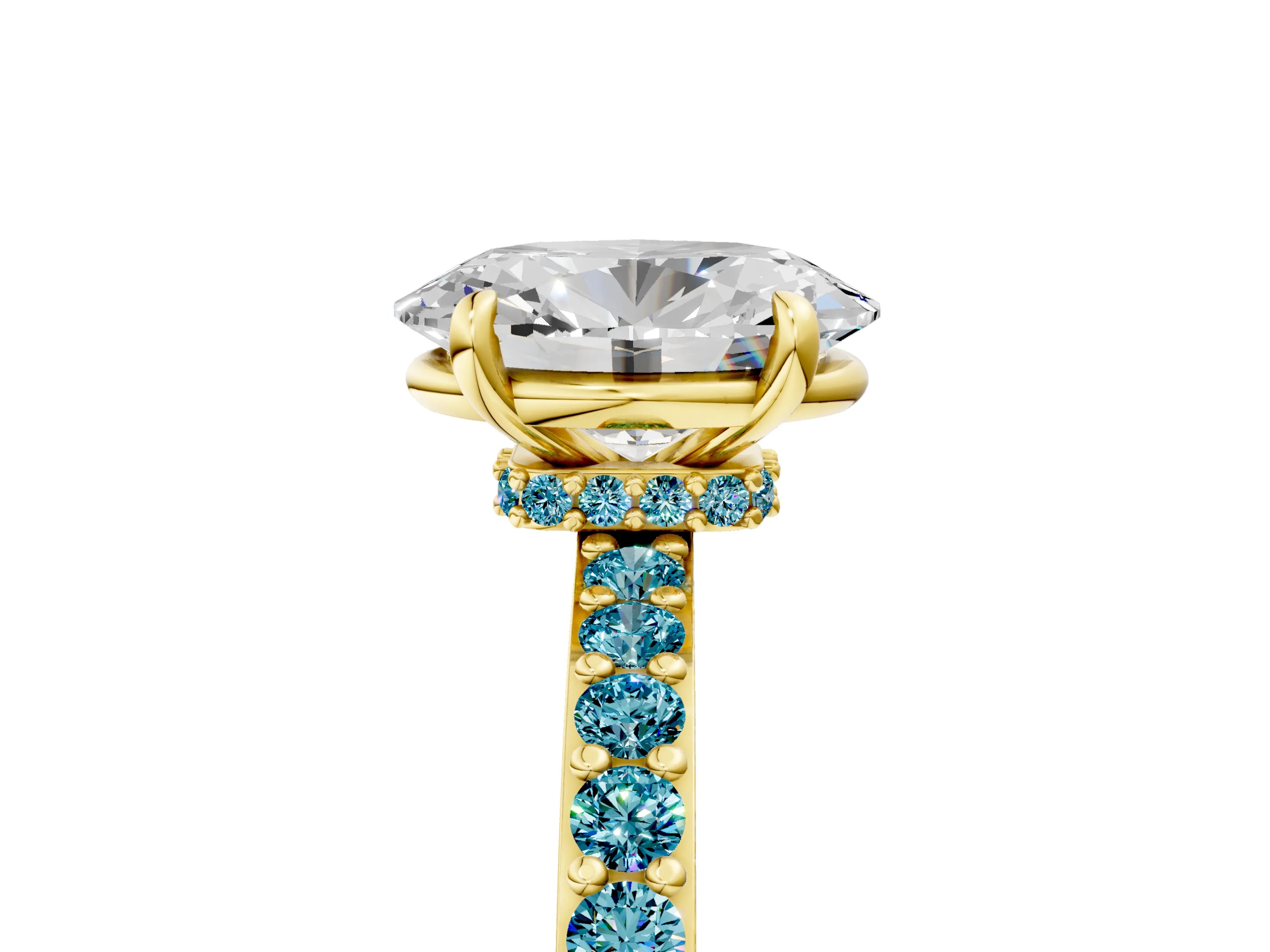 Yellow gold Oval Cut Diamond Pavé Engagement Ring with Round with Blue Topaz side stone Accents and Prong Setting_5
