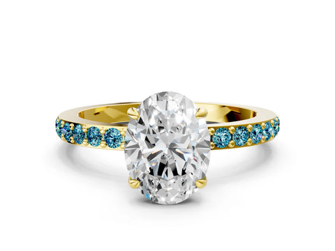 Yellow gold Oval Cut Diamond Pavé Engagement Ring with Round with Blue Topaz side stone Accents and Prong Setting
