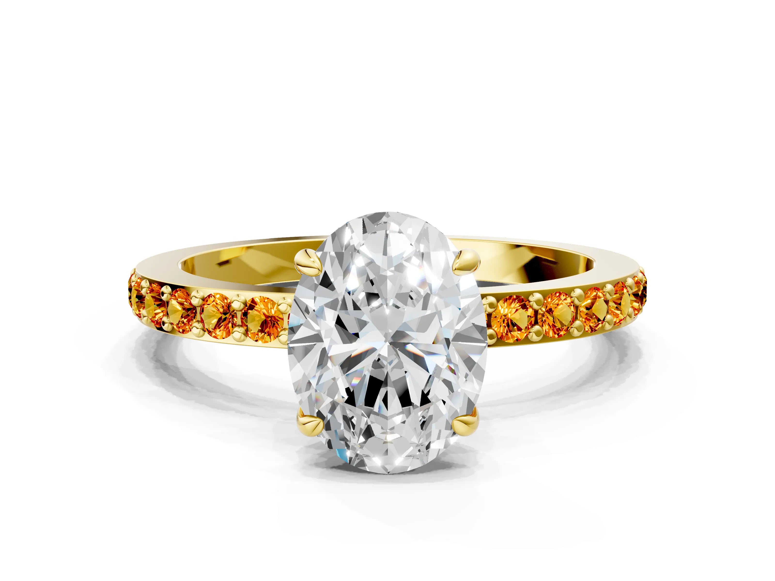Yellow gold Oval Cut Diamond Pavé Engagement Ring with Round with Citrine side stone Accents and Prong Setting