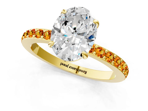 Yellow gold Oval Cut Diamond Pavé Engagement Ring with Round with Citrine side stone Accents and Prong Setting_1