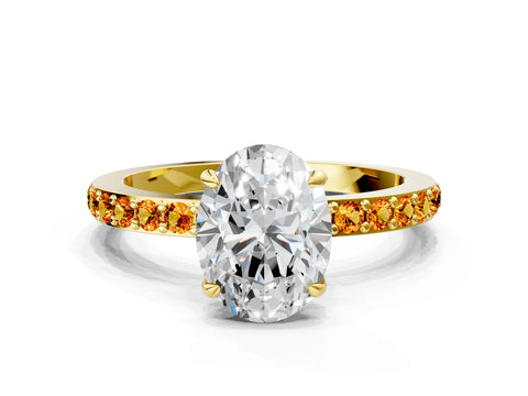 Yellow gold Oval Cut Diamond Pavé Engagement Ring with Round with Citrine side stone Accents and Prong Setting
