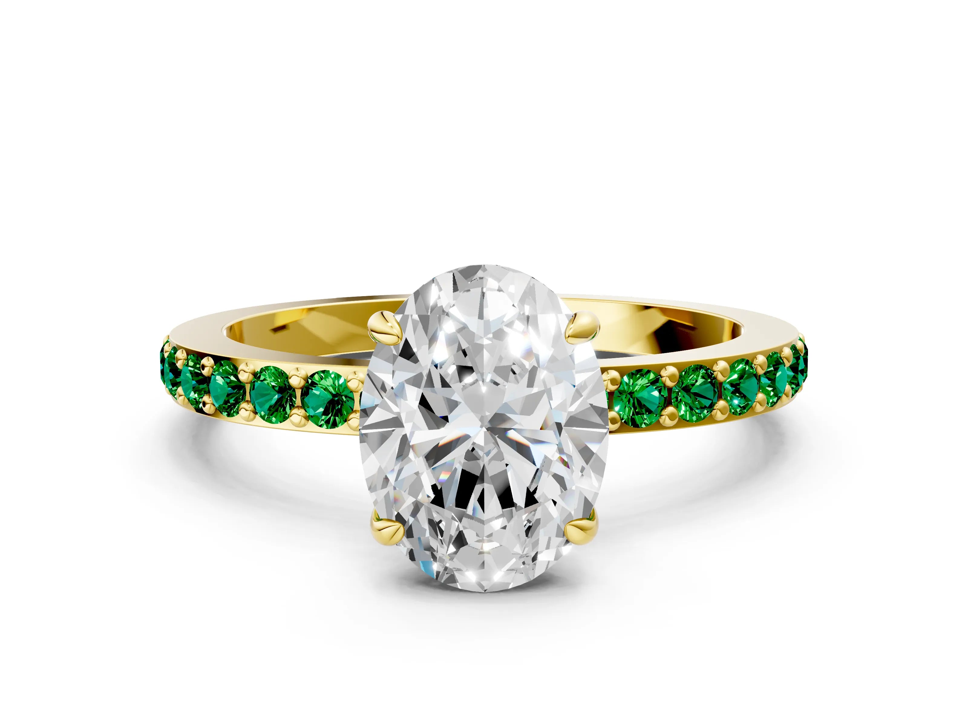 Yellow gold Oval Cut Diamond Pavé Engagement Ring with Round with Emerald side stone Accents and Prong Setting