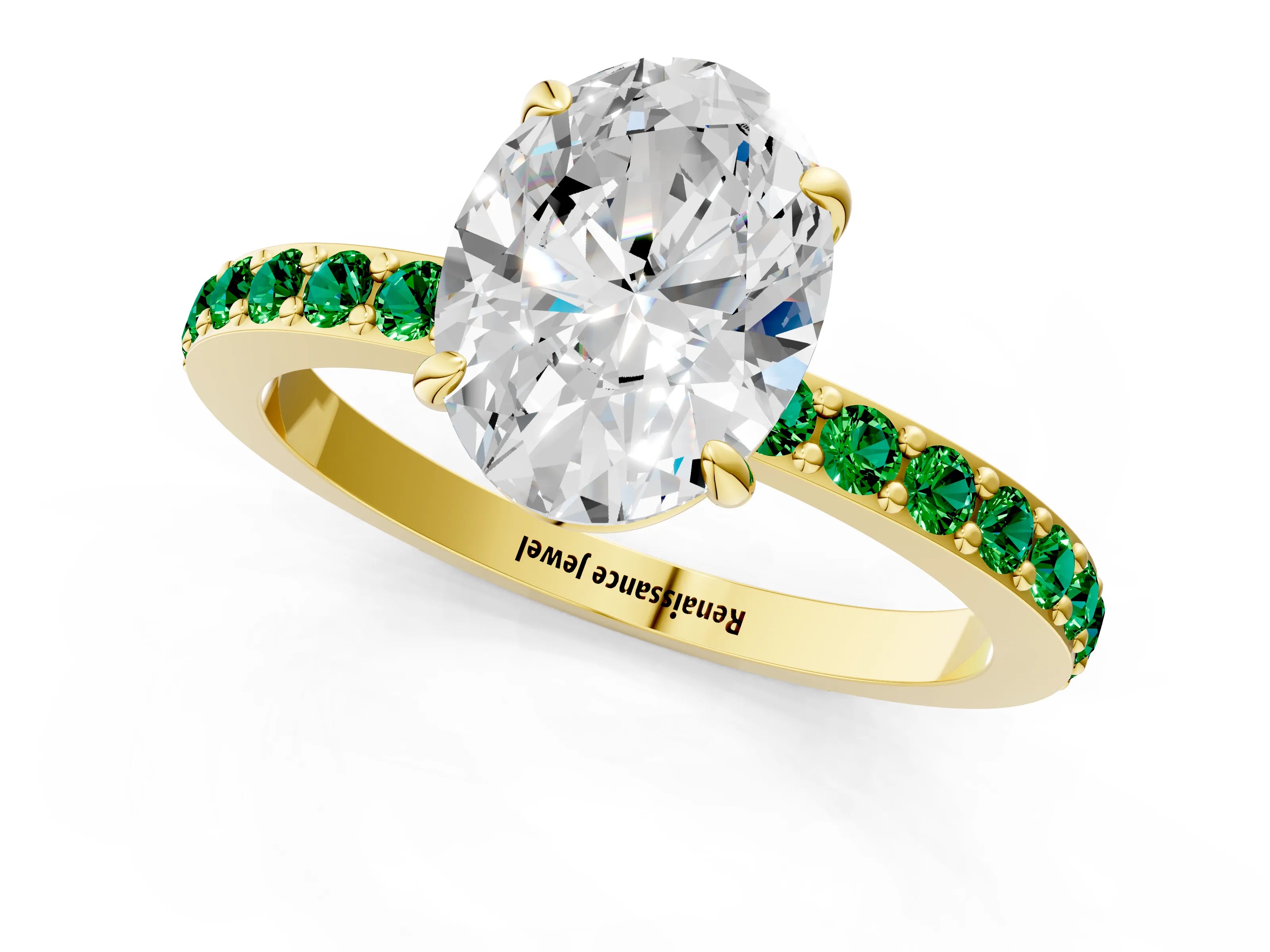 Yellow gold Oval Cut Diamond Pavé Engagement Ring with Round with Emerald side stone Accents and Prong Setting_1