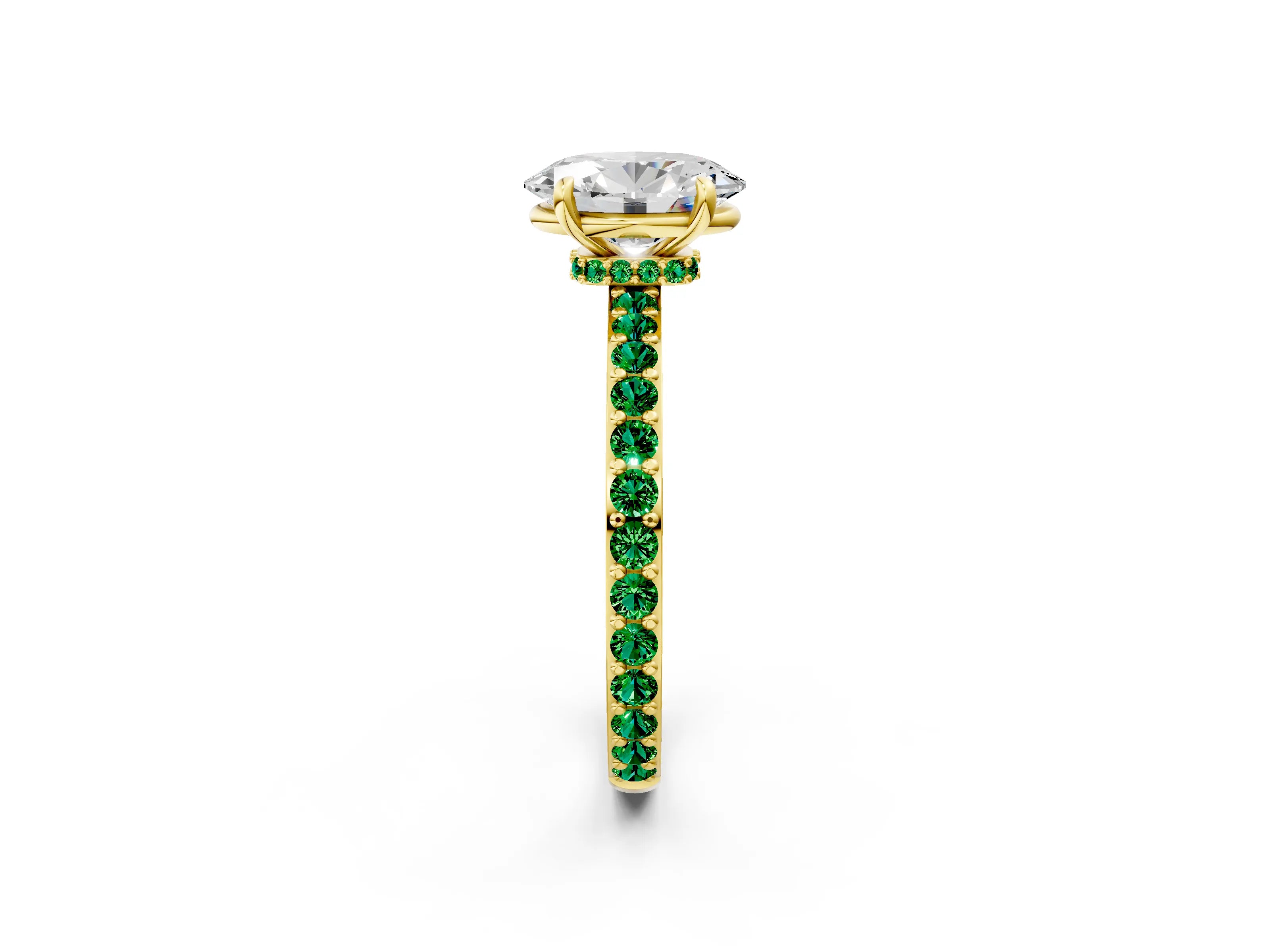 Yellow gold Oval Cut Diamond Pavé Engagement Ring with Round with Emerald side stone Accents and Prong Setting_2
