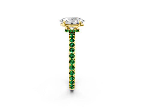 Yellow gold Oval Cut Diamond Pavé Engagement Ring with Round with Emerald side stone Accents and Prong Setting_2