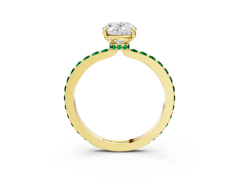 Yellow gold Oval Cut Diamond Pavé Engagement Ring with Round with Emerald side stone Accents and Prong Setting_3