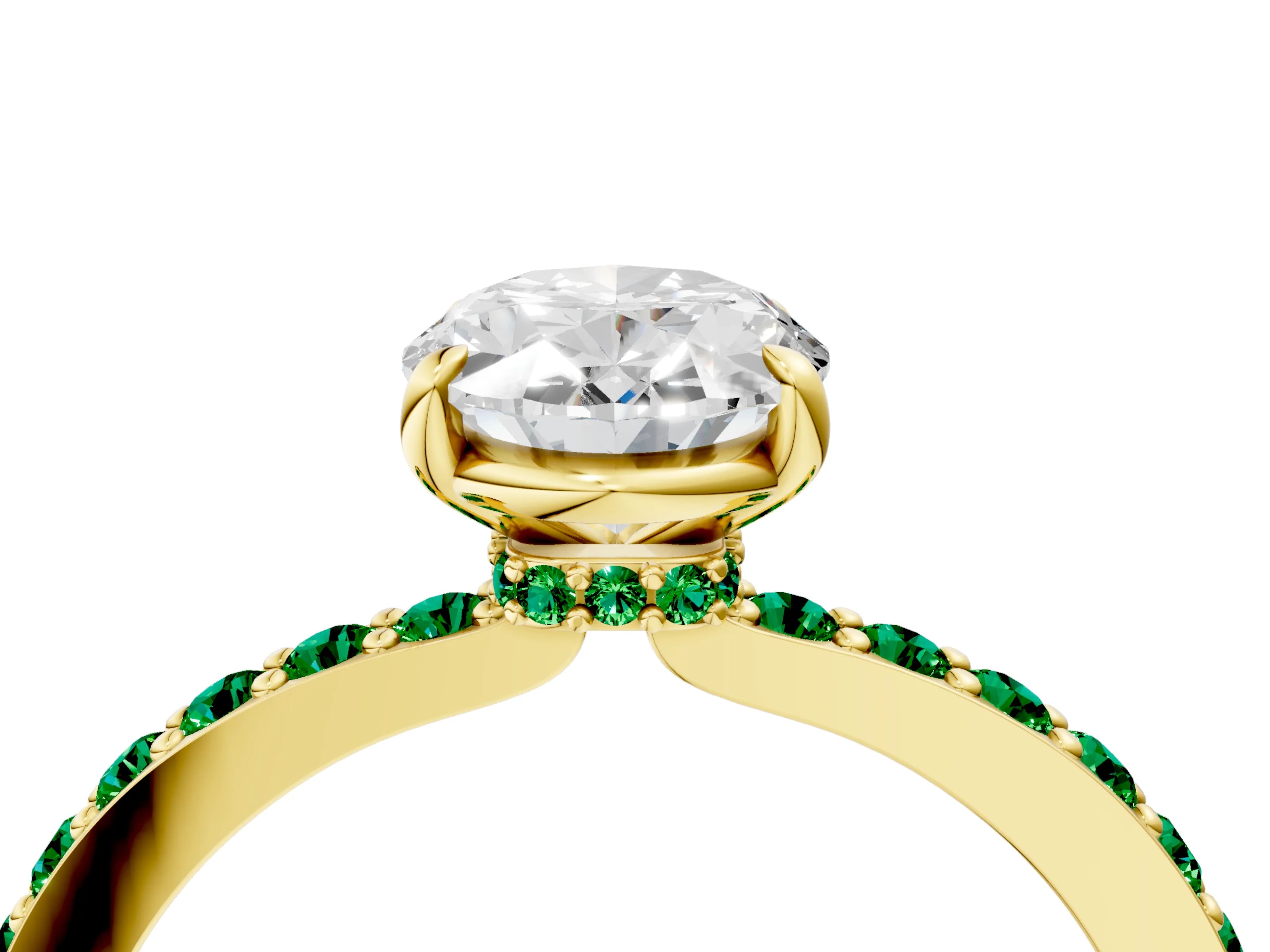 Yellow gold Oval Cut Diamond Pavé Engagement Ring with Round with Emerald side stone Accents and Prong Setting_4