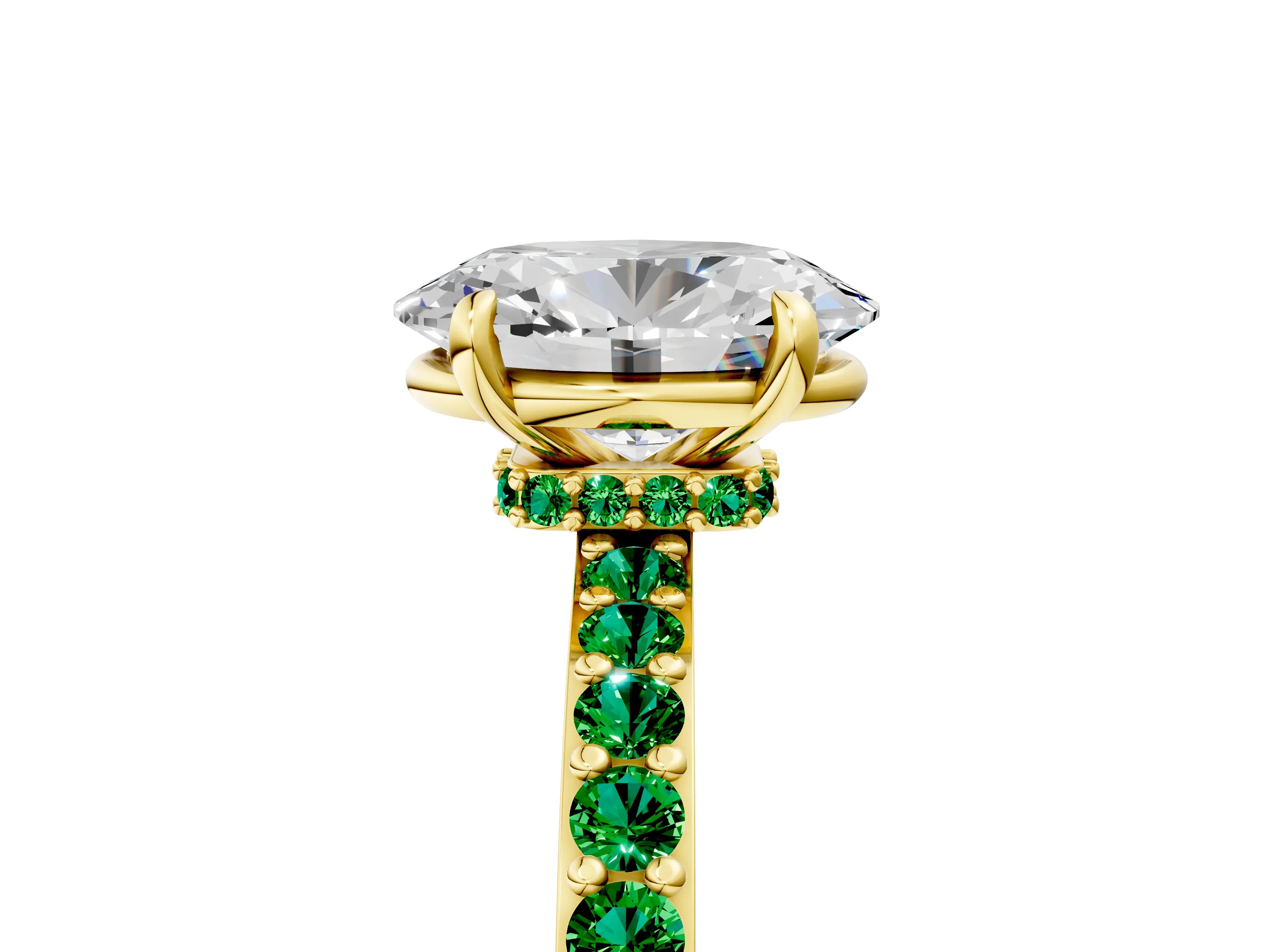 Yellow gold Oval Cut Diamond Pavé Engagement Ring with Round with Emerald side stone Accents and Prong Setting_5