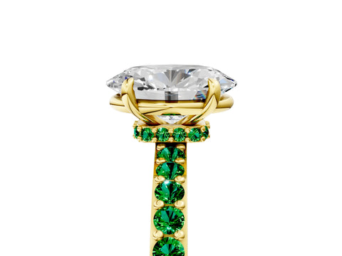 Yellow gold Oval Cut Diamond Pavé Engagement Ring with Round with Emerald side stone Accents and Prong Setting_5