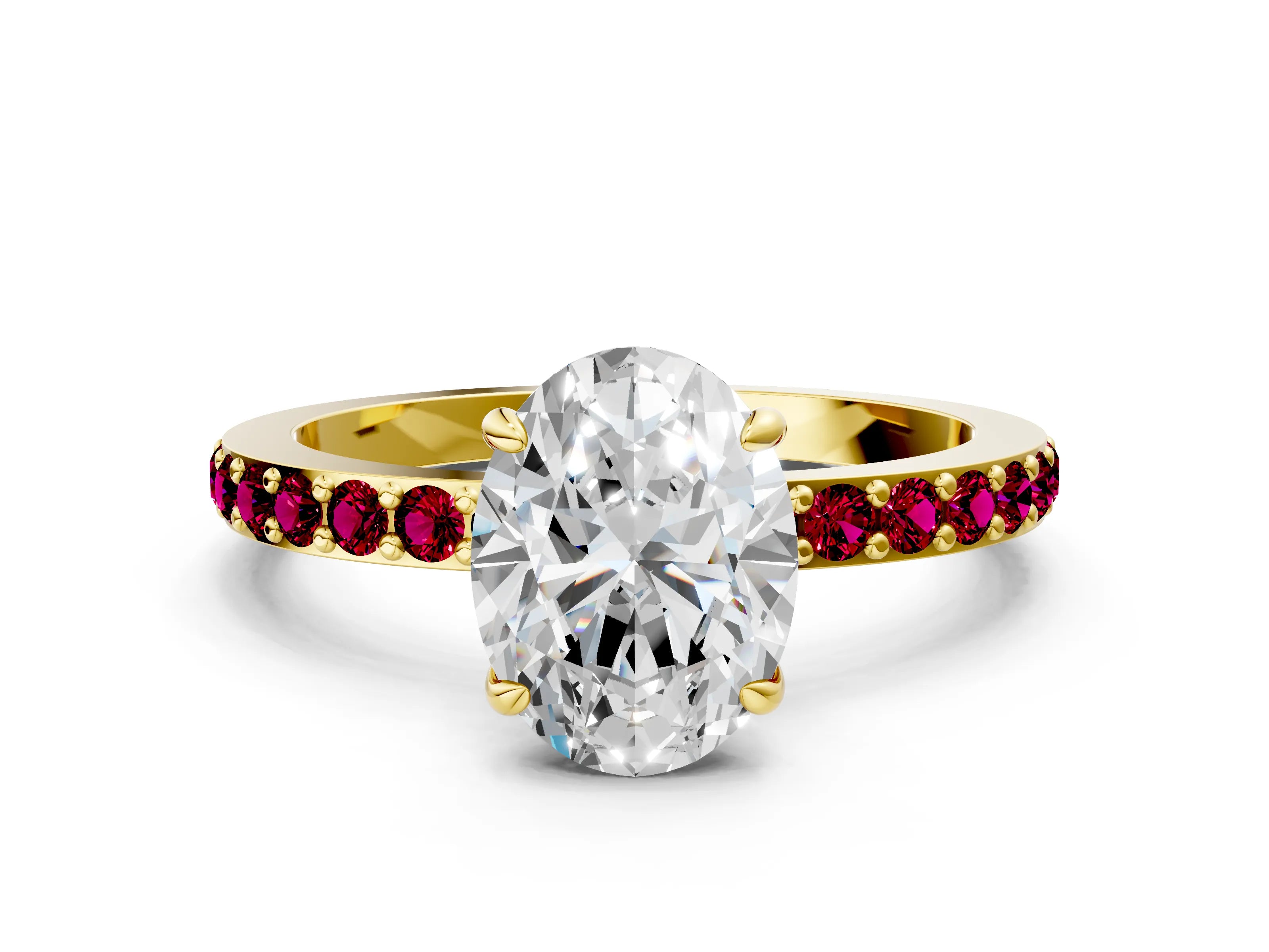 Yellow gold Oval Cut Diamond Pavé Engagement Ring with Round with Garnet side stone Accents and Prong Setting