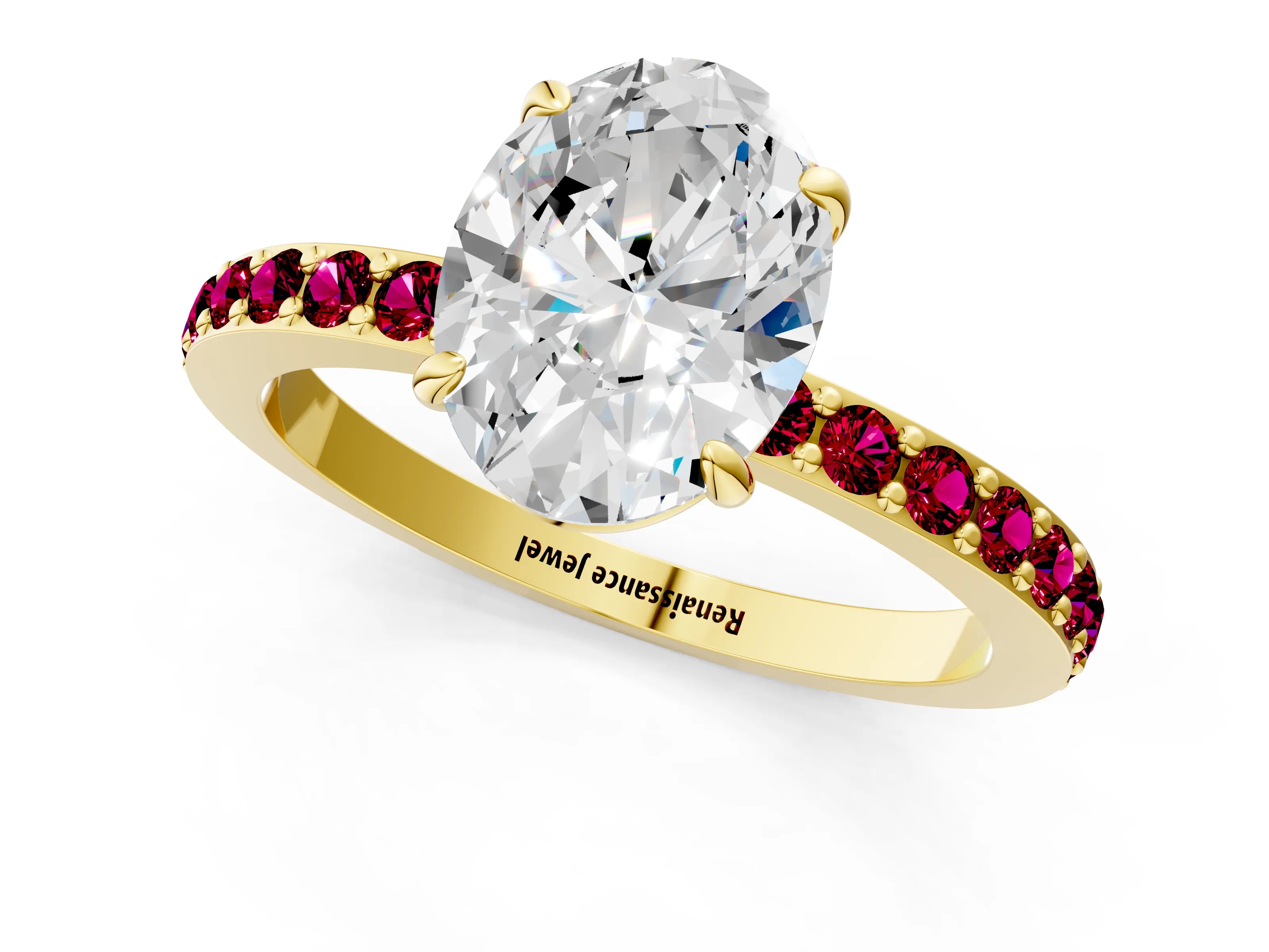 Yellow gold Oval Cut Diamond Pavé Engagement Ring with Round with Garnet side stone Accents and Prong Setting_1