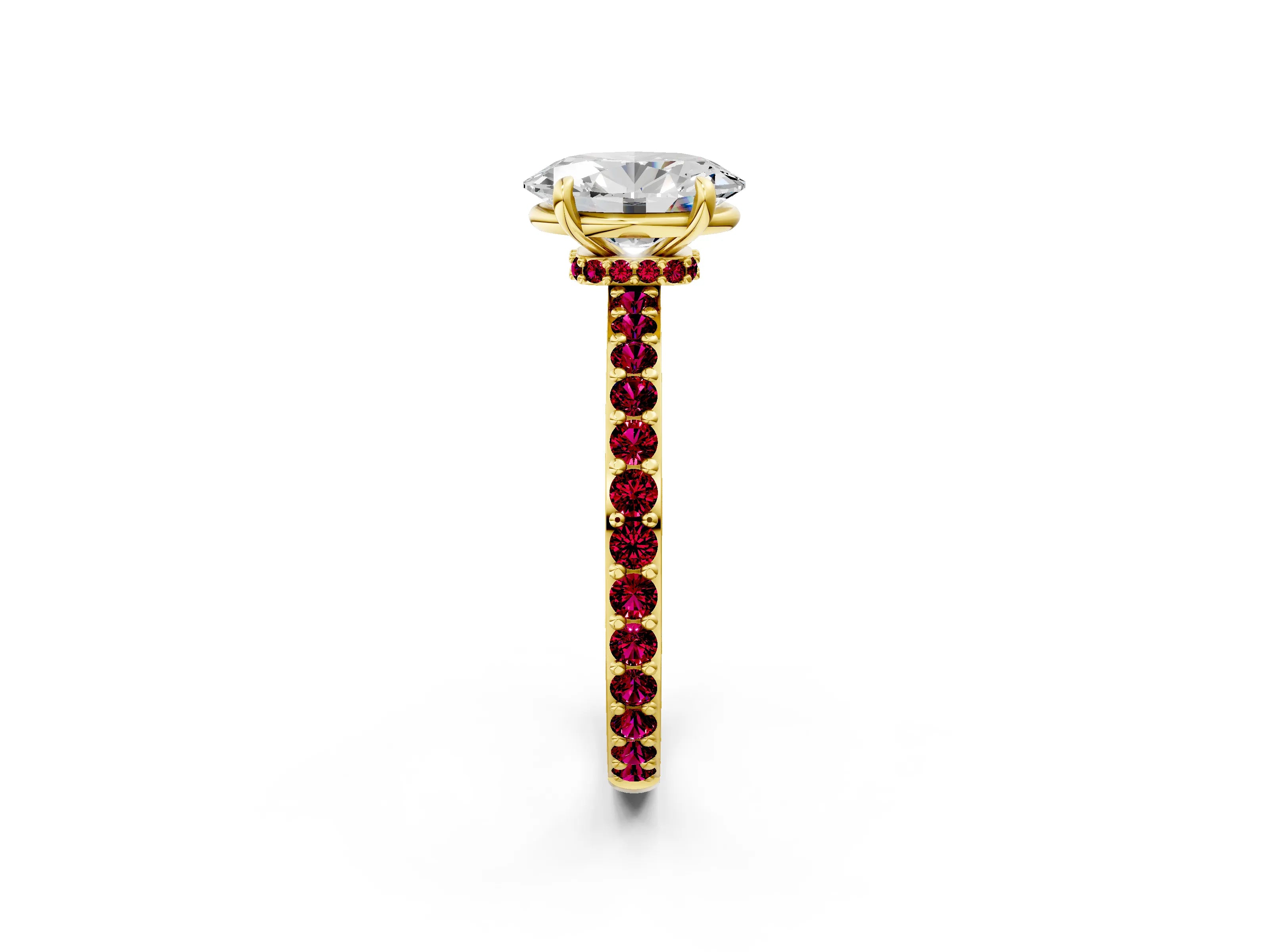 Yellow gold Oval Cut Diamond Pavé Engagement Ring with Round with Garnet side stone Accents and Prong Setting_2