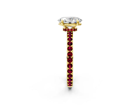 Yellow gold Oval Cut Diamond Pavé Engagement Ring with Round with Garnet side stone Accents and Prong Setting_2
