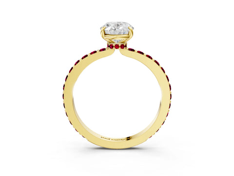 Yellow gold Oval Cut Diamond Pavé Engagement Ring with Round with Garnet side stone Accents and Prong Setting_3