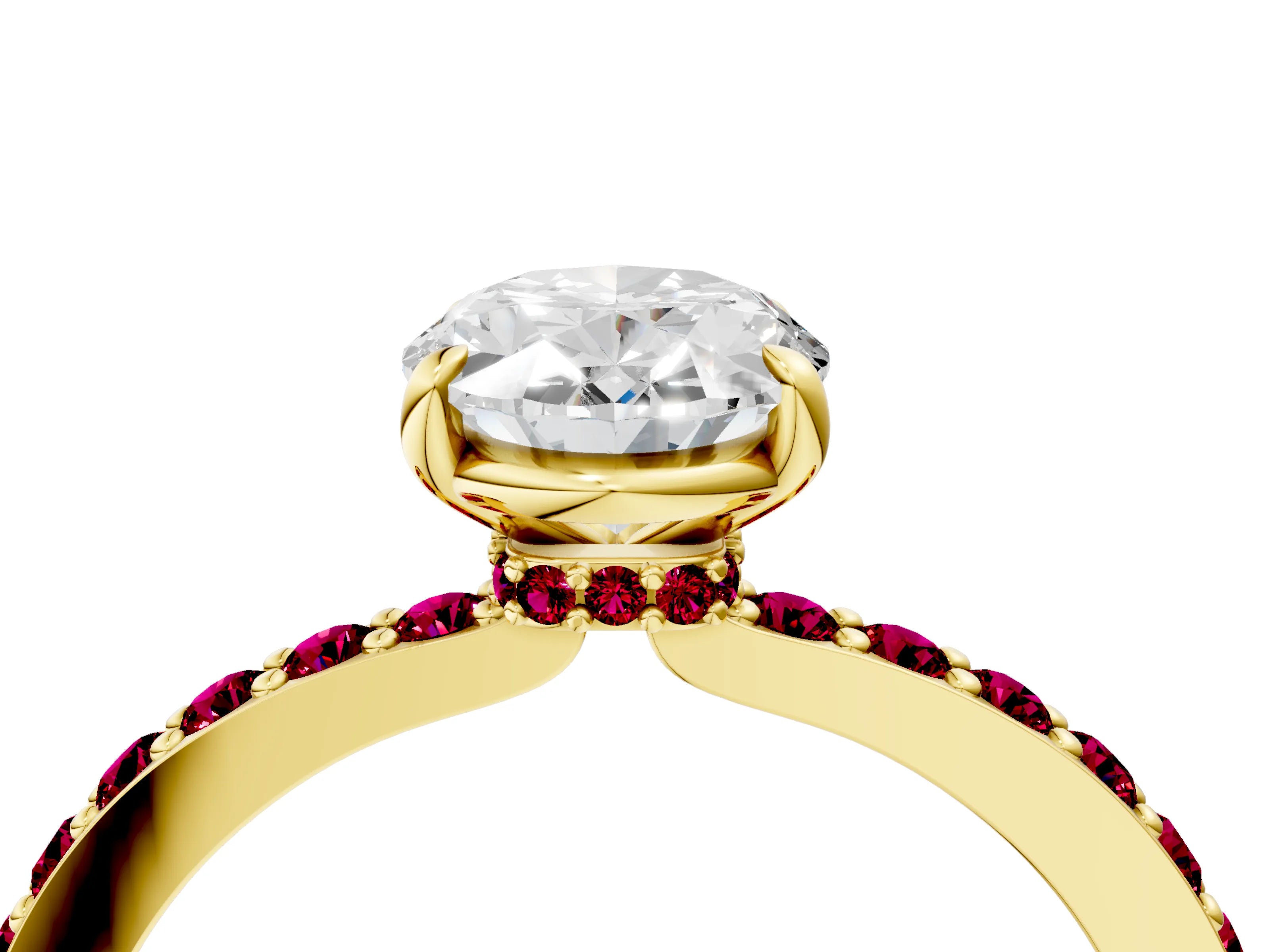 Yellow gold Oval Cut Diamond Pavé Engagement Ring with Round with Garnet side stone Accents and Prong Setting_4
