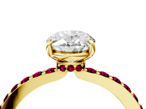 Yellow gold Oval Cut Diamond Pavé Engagement Ring with Round with Garnet side stone Accents and Prong Setting_4