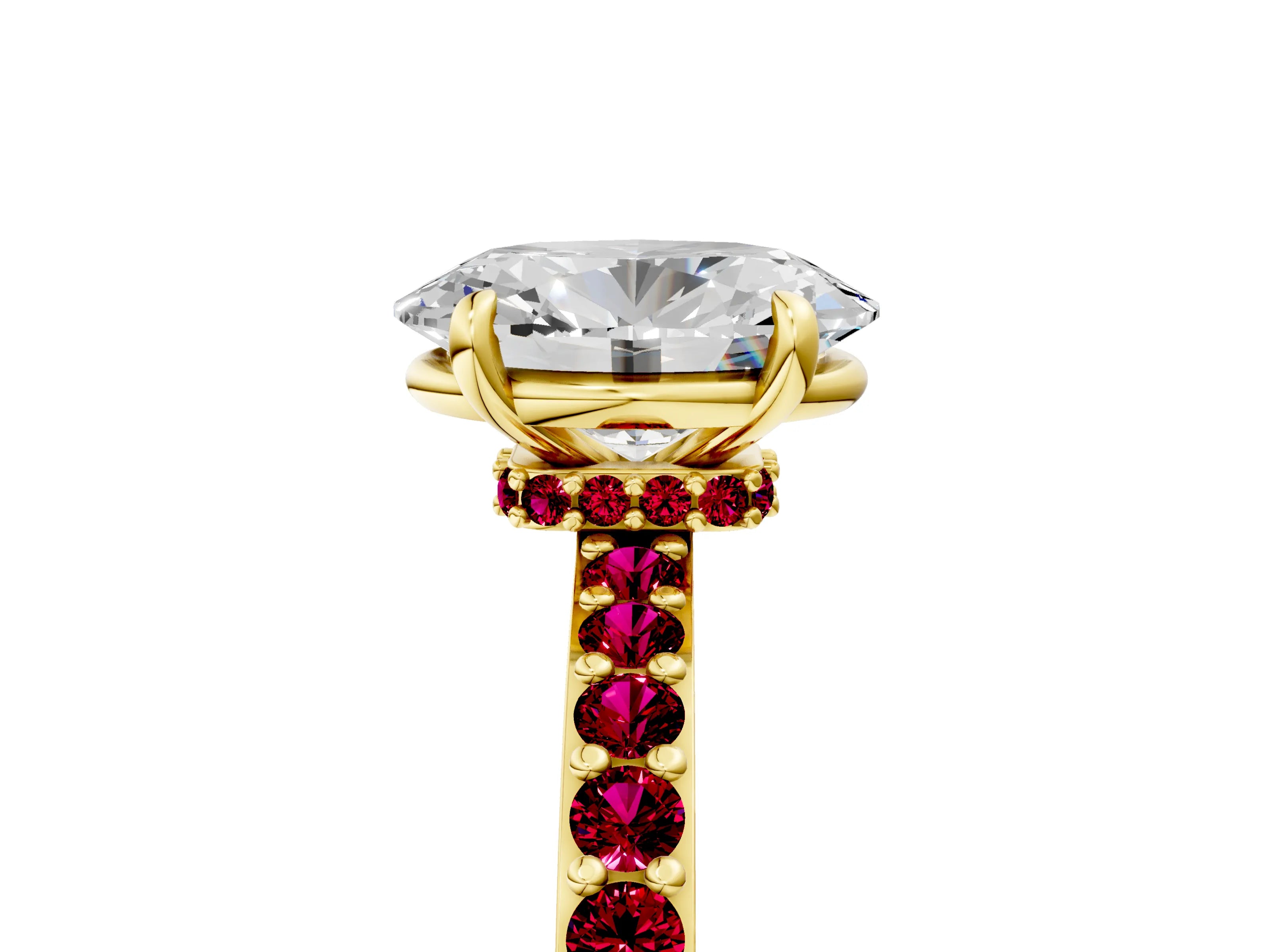 Yellow gold Oval Cut Diamond Pavé Engagement Ring with Round with Garnet side stone Accents and Prong Setting_5