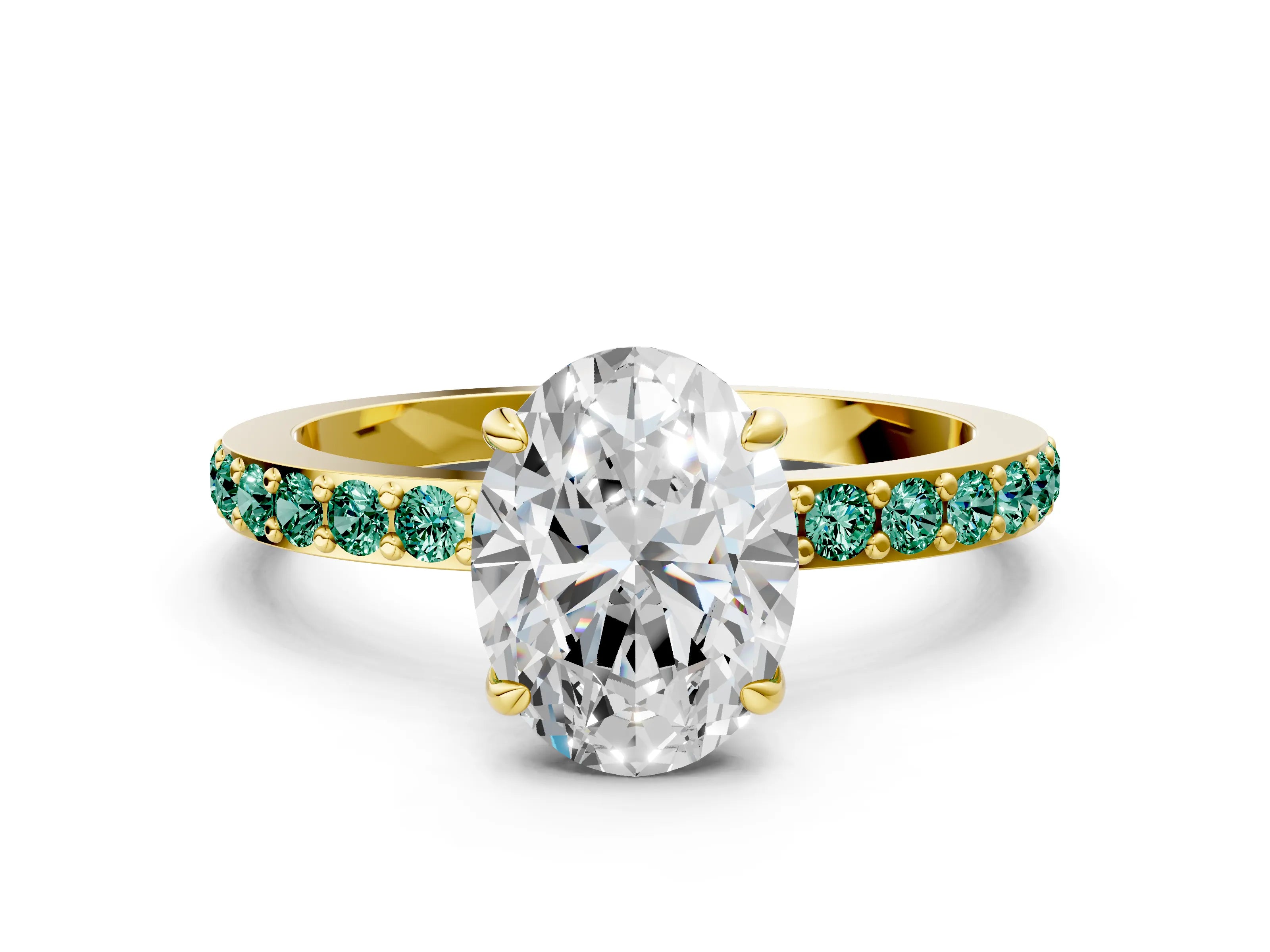 Yellow gold Oval Cut Diamond Pavé Engagement Ring with Round with Green Sapphire side stone Accents and Prong Setting