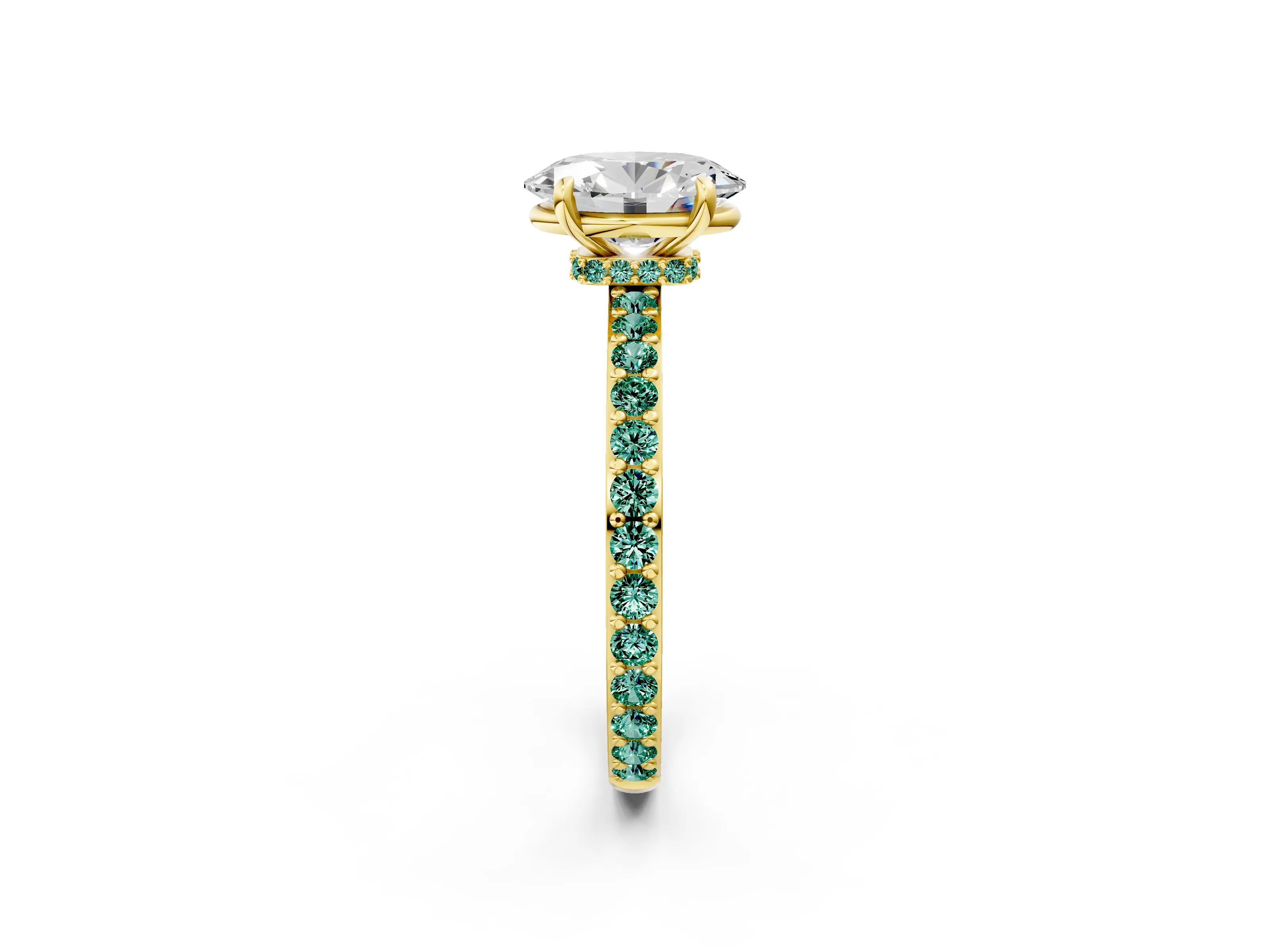 Yellow gold Oval Cut Diamond Pavé Engagement Ring with Round with Green Sapphire side stone Accents and Prong Setting_2