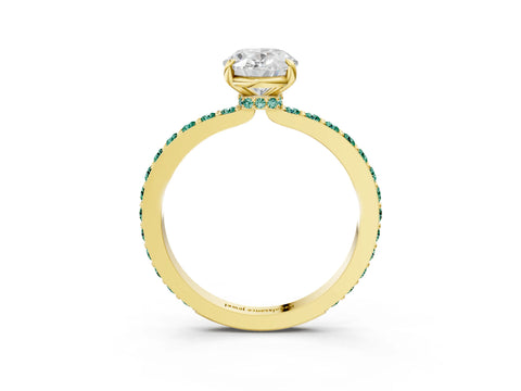 Yellow gold Oval Cut Diamond Pavé Engagement Ring with Round with Green Sapphire side stone Accents and Prong Setting_3