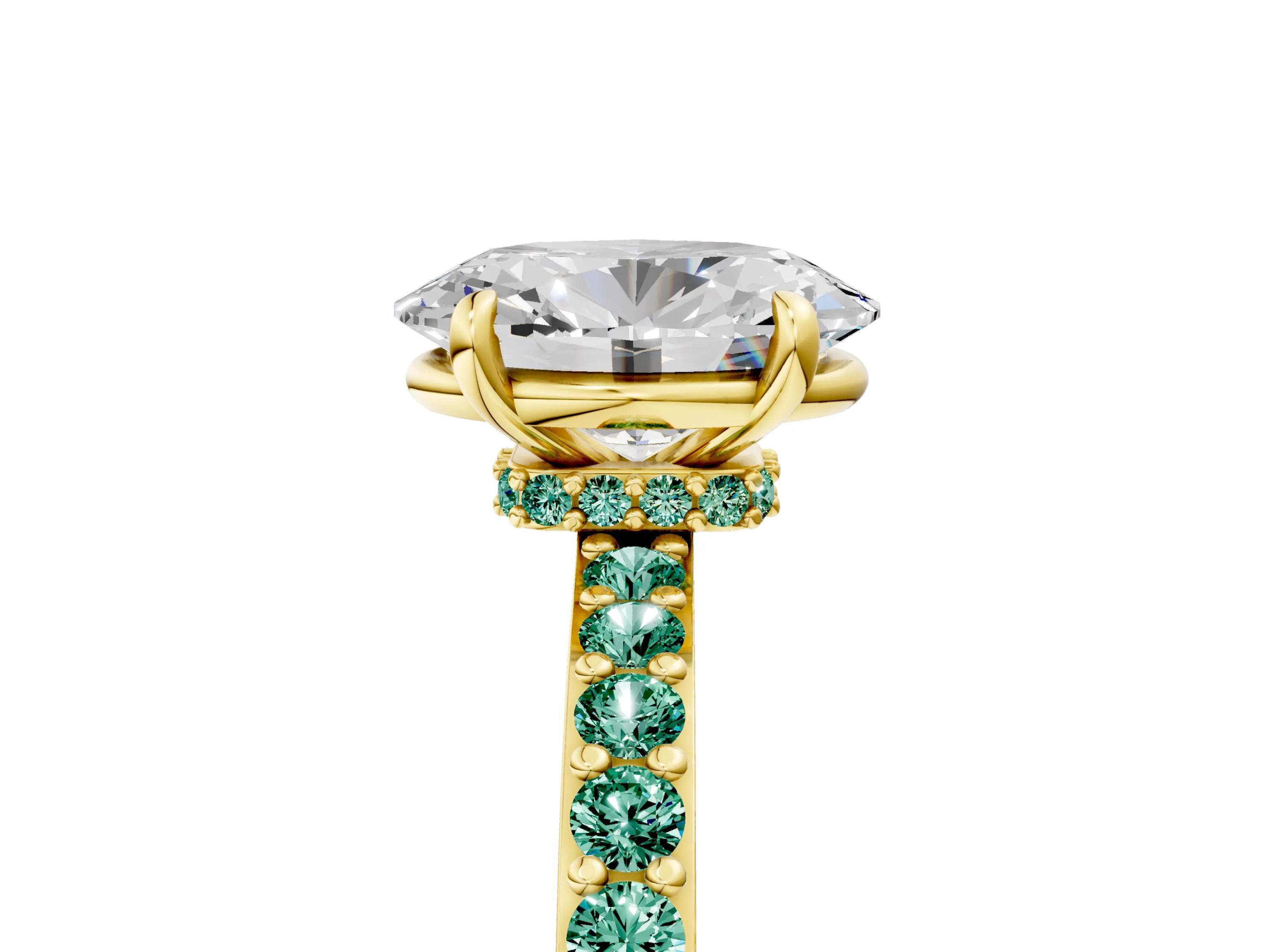 Yellow gold Oval Cut Diamond Pavé Engagement Ring with Round with Green Sapphire side stone Accents and Prong Setting_5