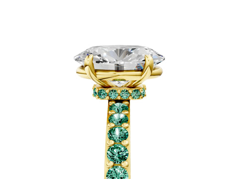 Yellow gold Oval Cut Diamond Pavé Engagement Ring with Round with Green Sapphire side stone Accents and Prong Setting_5