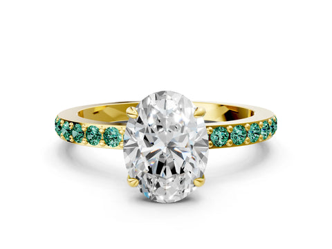 Yellow gold Oval Cut Diamond Pavé Engagement Ring with Round with Green Sapphire side stone Accents and Prong Setting