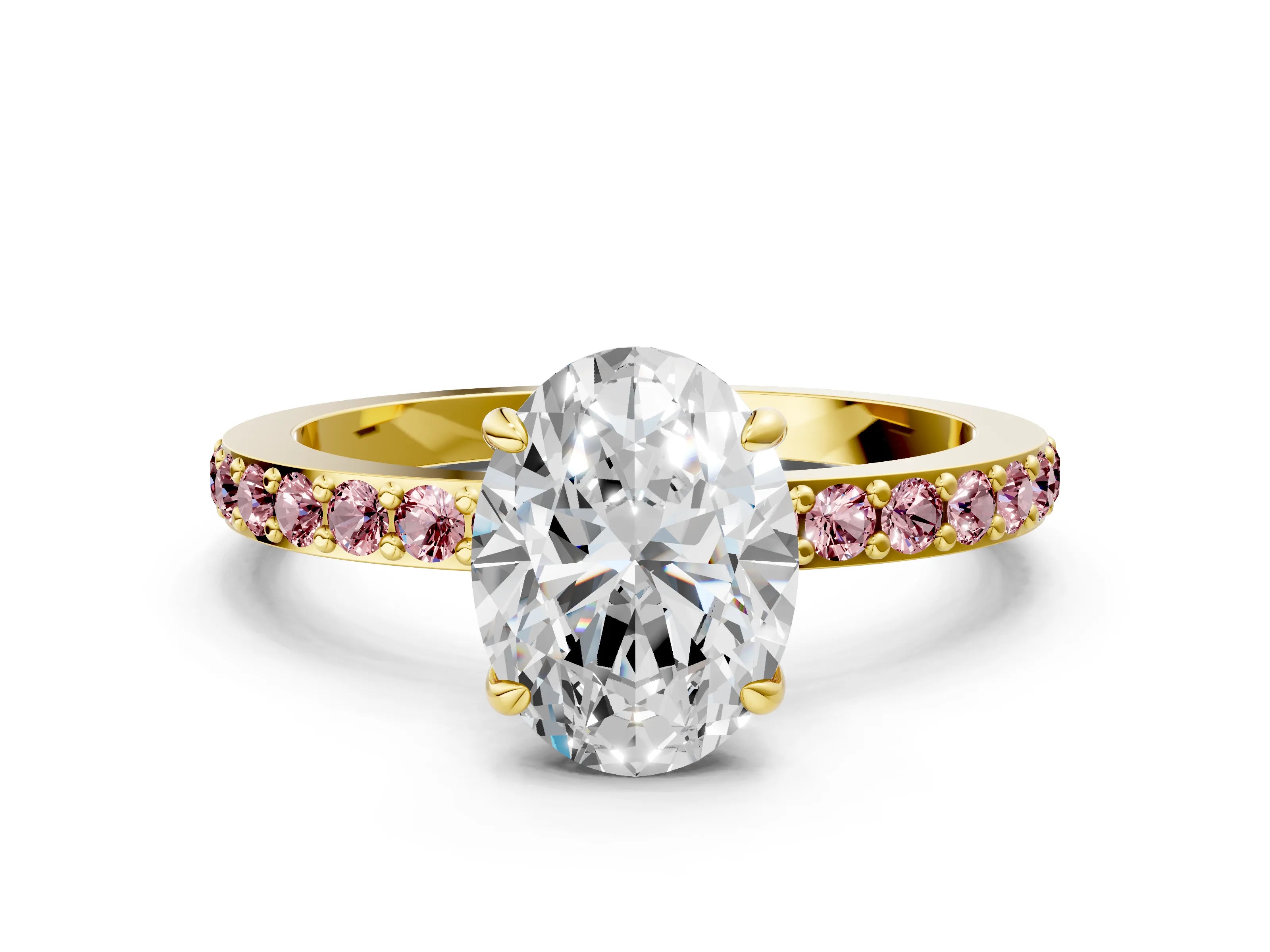Yellow gold Oval Cut Diamond Pavé Engagement Ring with Round with Morganite side stone Accents and Prong Setting