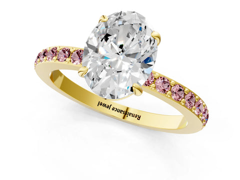 Yellow gold Oval Cut Diamond Pavé Engagement Ring with Round with Morganite side stone Accents and Prong Setting_1