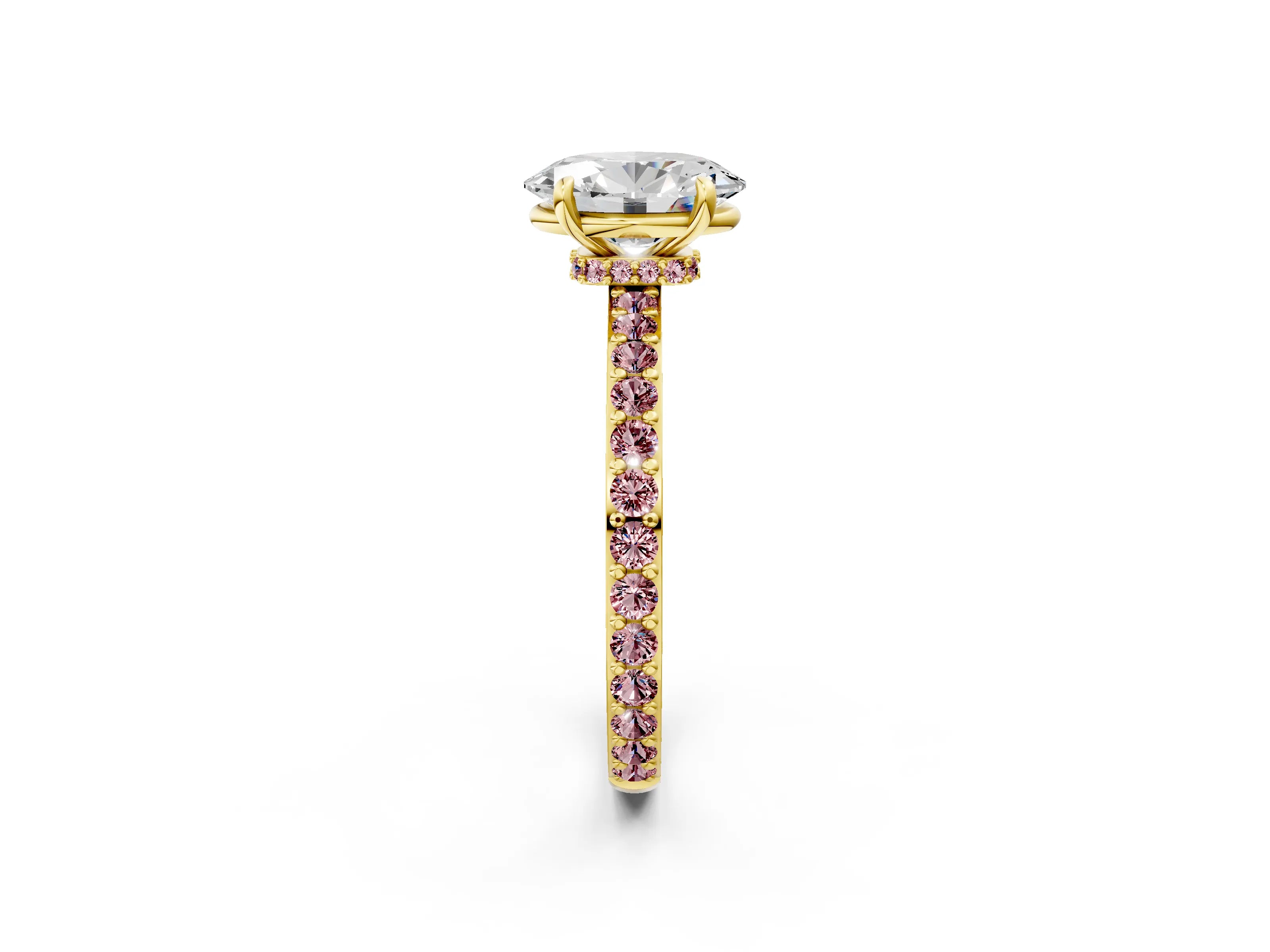Yellow gold Oval Cut Diamond Pavé Engagement Ring with Round with Morganite side stone Accents and Prong Setting_2