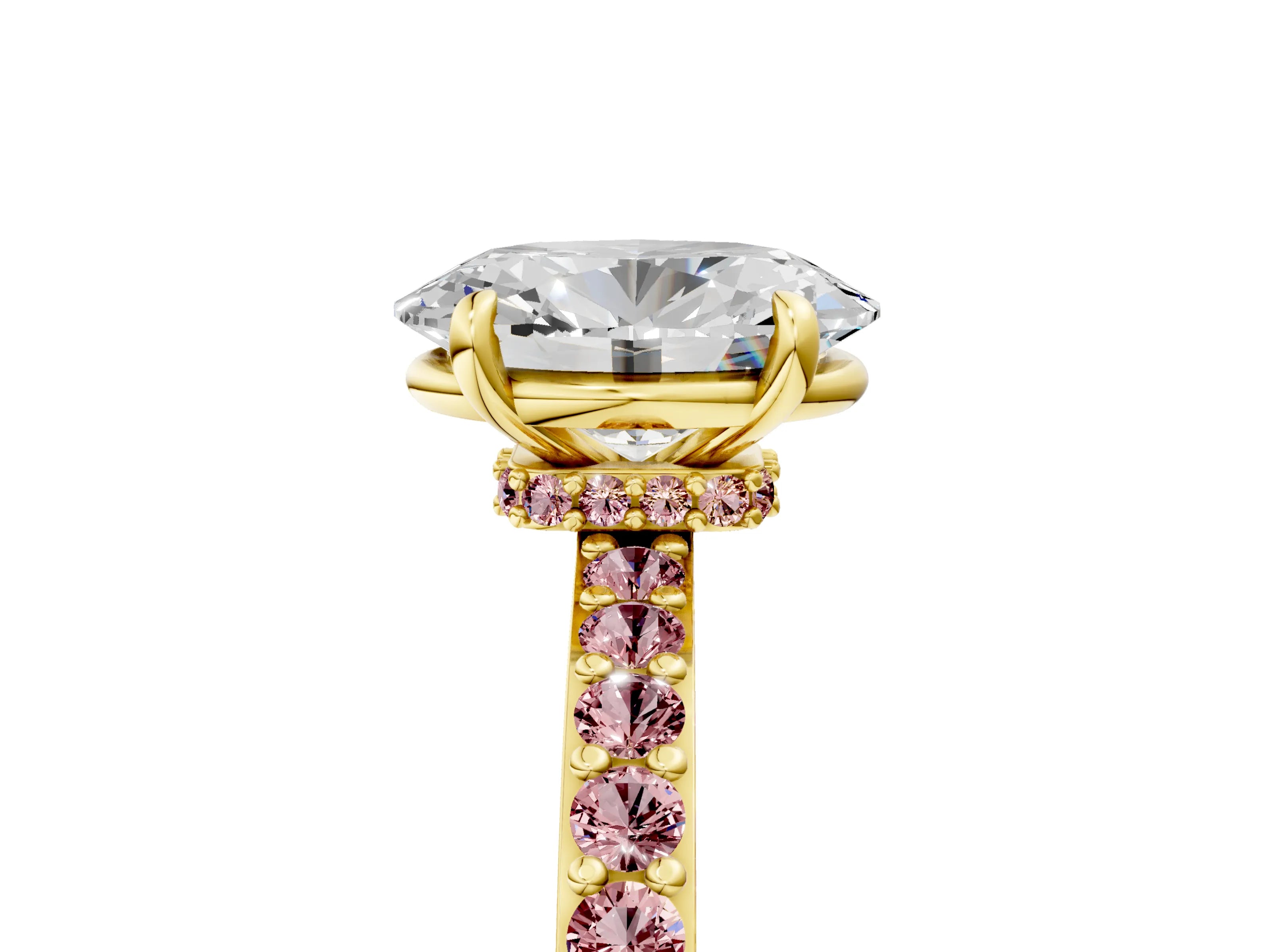 Yellow gold Oval Cut Diamond Pavé Engagement Ring with Round with Morganite side stone Accents and Prong Setting_5