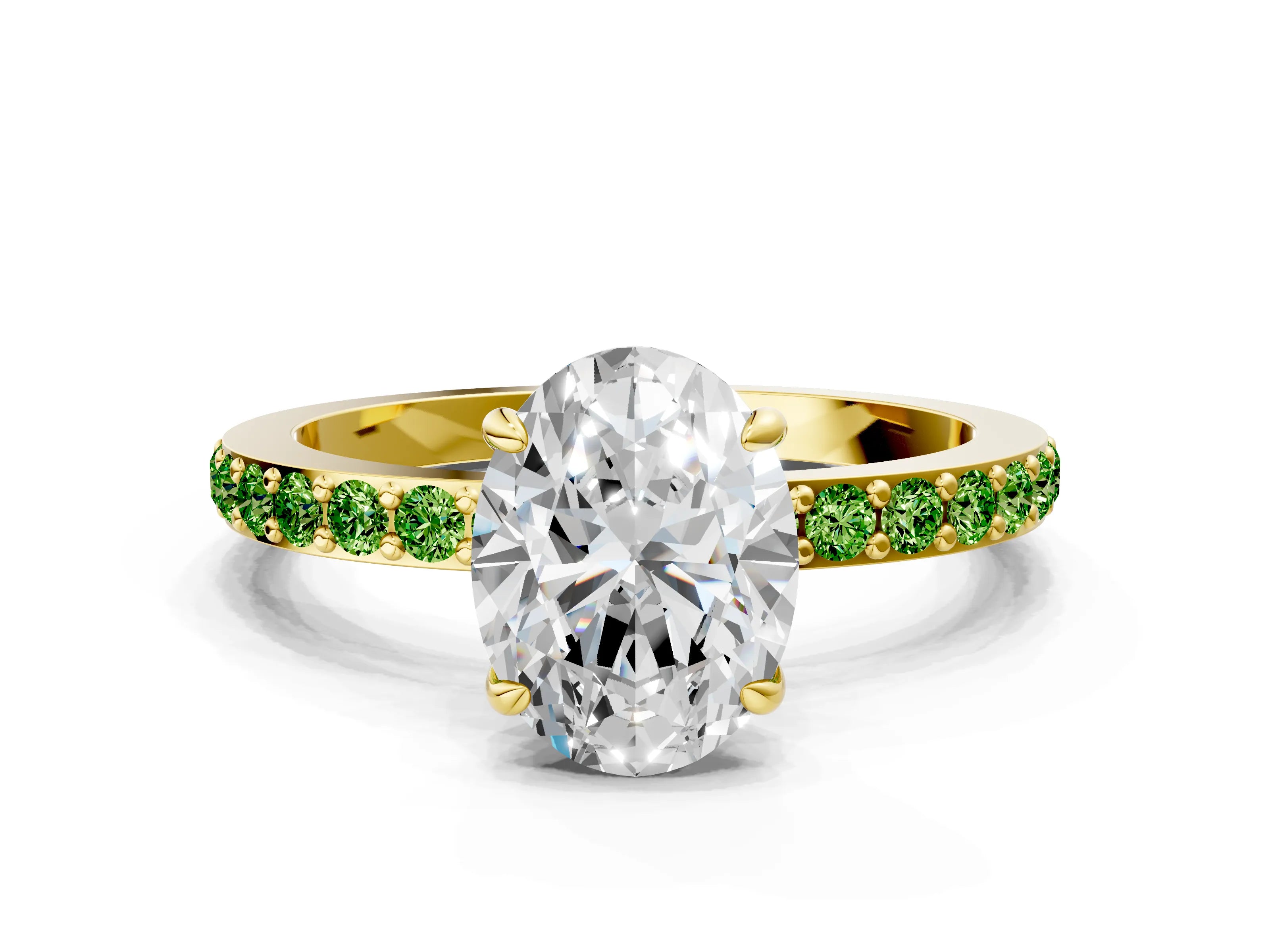 Yellow gold Oval Cut Diamond Pavé Engagement Ring with Round with Peridot side stone Accents and Prong Setting
