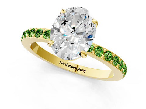 Yellow gold Oval Cut Diamond Pavé Engagement Ring with Round with Peridot side stone Accents and Prong Setting_1